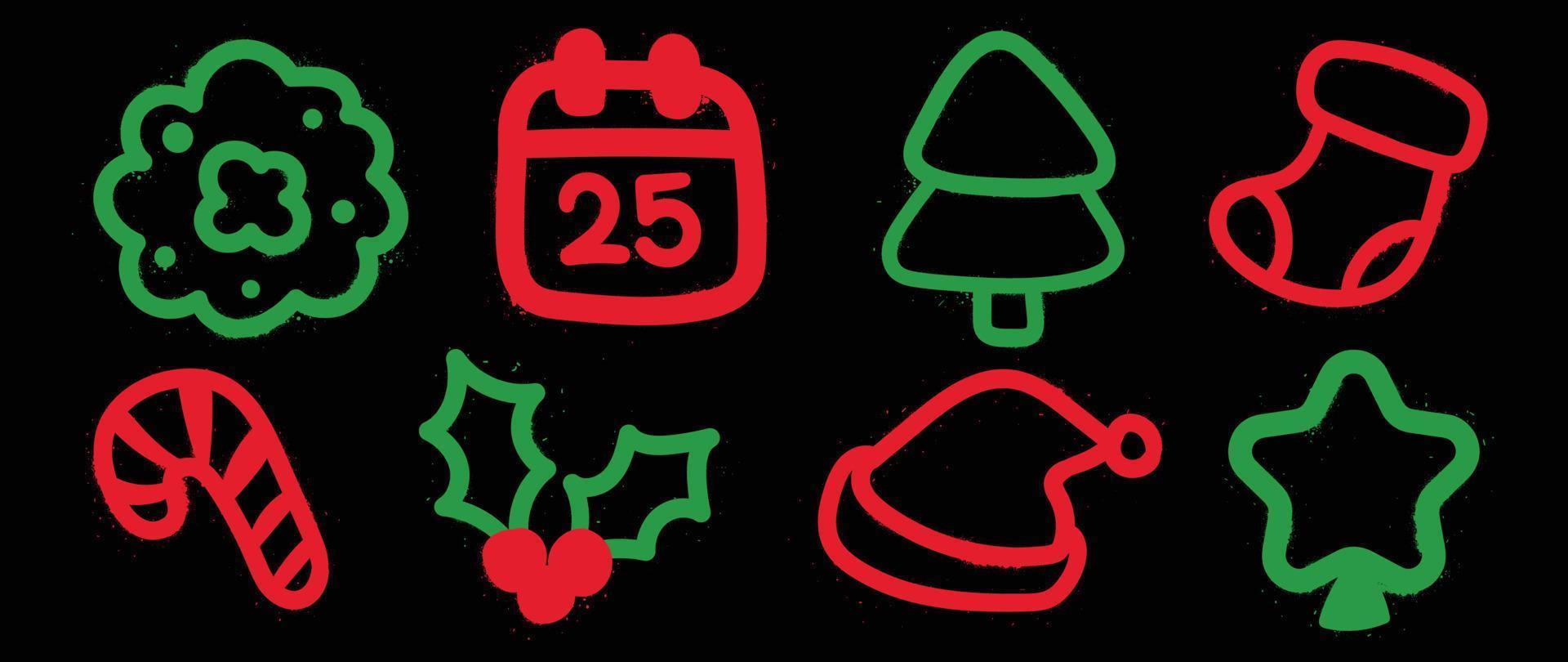 conjunto de elementos navideños vector de pintura en aerosol. graffiti, grunge, elementos brillantes de sombrero de santa, bastón de caramelo, calcetín, árbol, acebo sobre fondo negro. ilustración de diseño para decoración, tarjeta, pegatina.