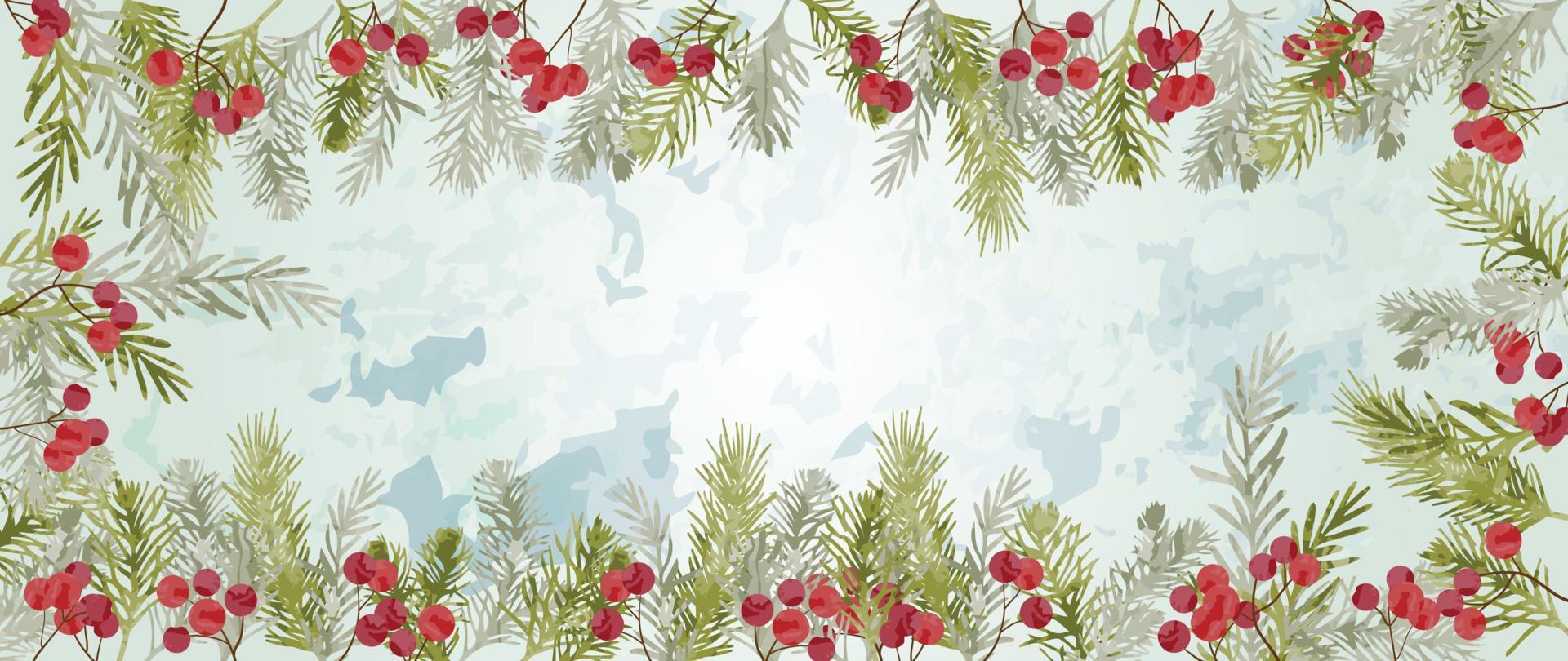 Christmas and watercolor abstract natural winter botanical leaves background vector. Decorative hand painted frame of pine leaves and berry. Design for wallpaper, cover, invitation card, poster. vector