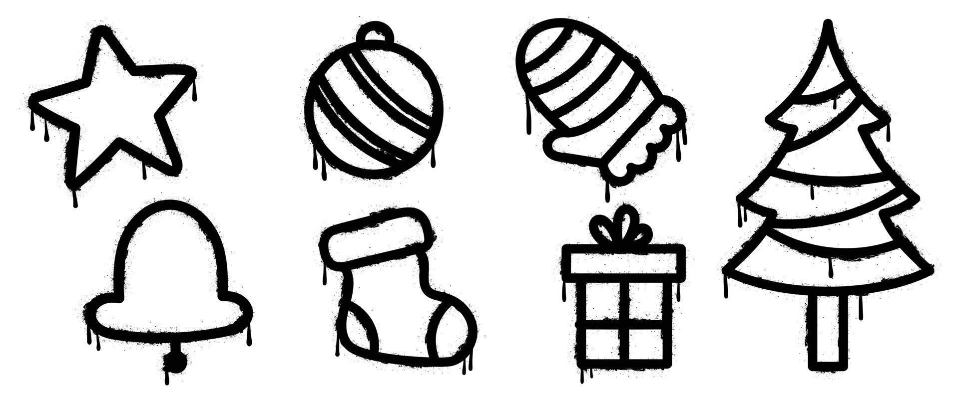 Set of christmas elements spray paint vector. Graffiti, grunge elements of winter glove, sock, bauble, tree, present, star on white background. Design illustration for decoration, card, sticker. vector