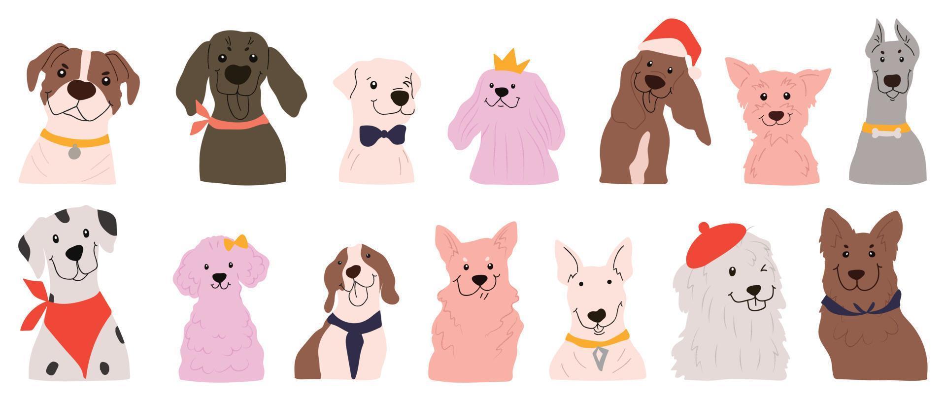 conjunto vectorial de garabatos de perro lindo y sonriente. caras cómicas de perros felices de dálmata, pug, caniche, beagle con color plano, arco, sombrero de navidad, bufanda aislada en fondo blanco. diseño para pegatina, cómic, impresión. vector