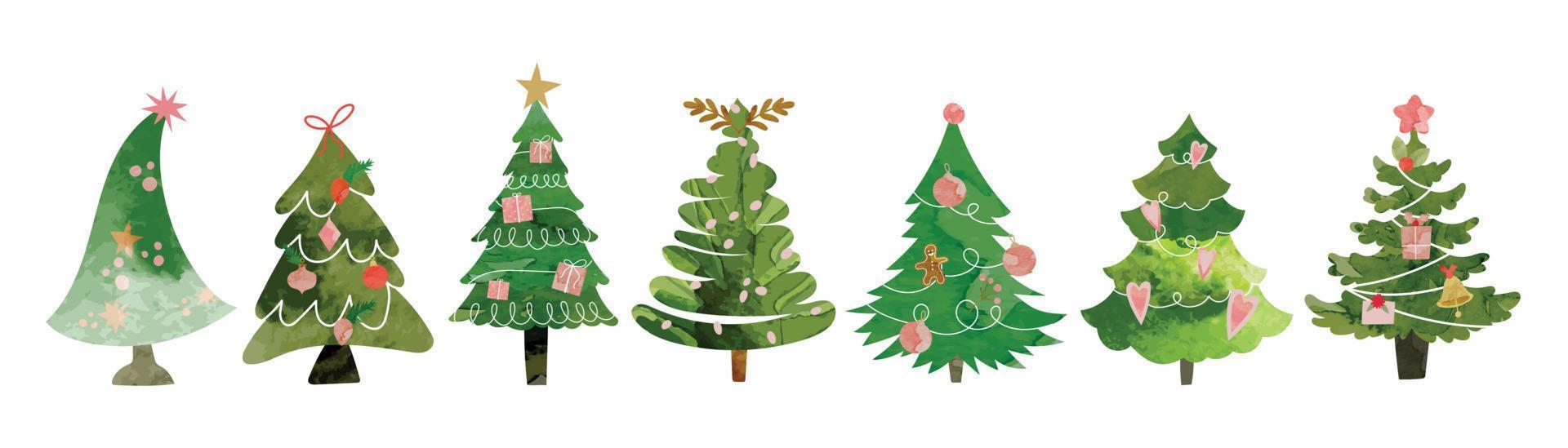 Set of watercolor decorative christmas trees vector illustration. Elements of ornamental balls, garland, star, presents, holly, pine leaves. Design for card, comic, print, poster, banner, decoration.