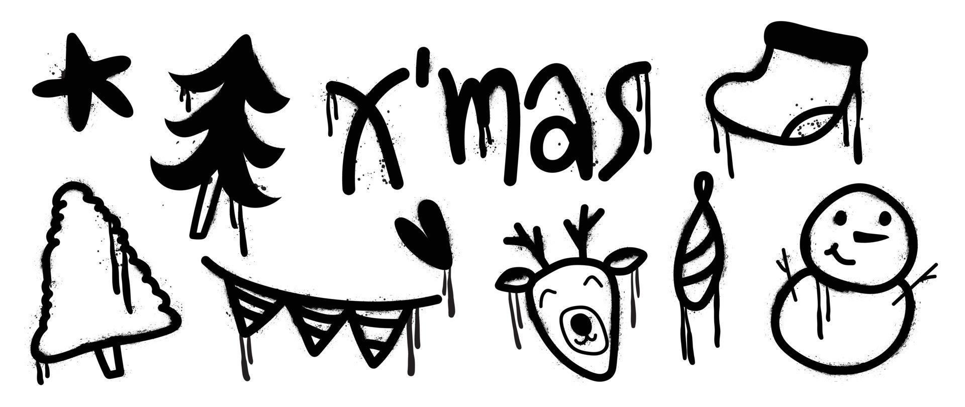 Set of christmas elements black spray paint vector. Graffiti, grunge elements of christmas tree, sock, reindeer, snowman, heart on white background. Design illustration for decoration, card, sticker. vector