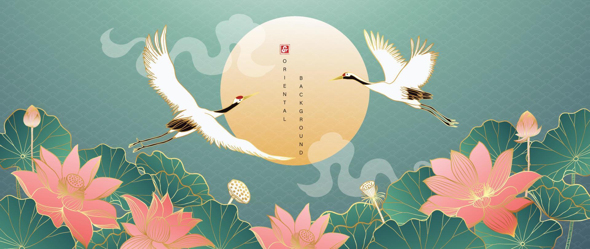vector de fondo de estilo oriental dorado de lujo. diseño de papel pintado chino y japonés de elegantes pájaros grúa y flores de loto con textura de línea dorada degradada. diseño para decoración, decoración de paredes.