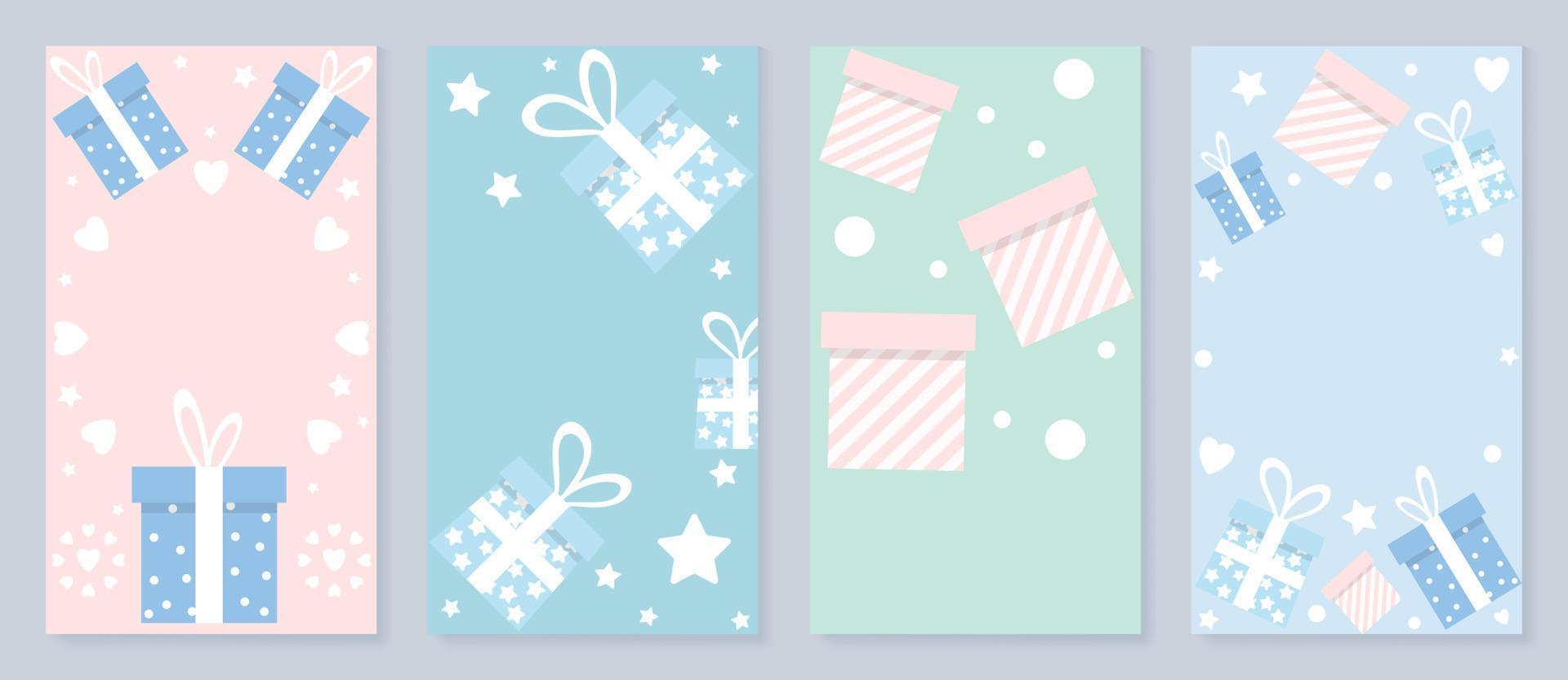 Set of christmas winter template poster. Pastel color christmas element cover, snow, presents, gift boxes, heart, stars. Design illustration for banner, card, social media, advertising, website. vector