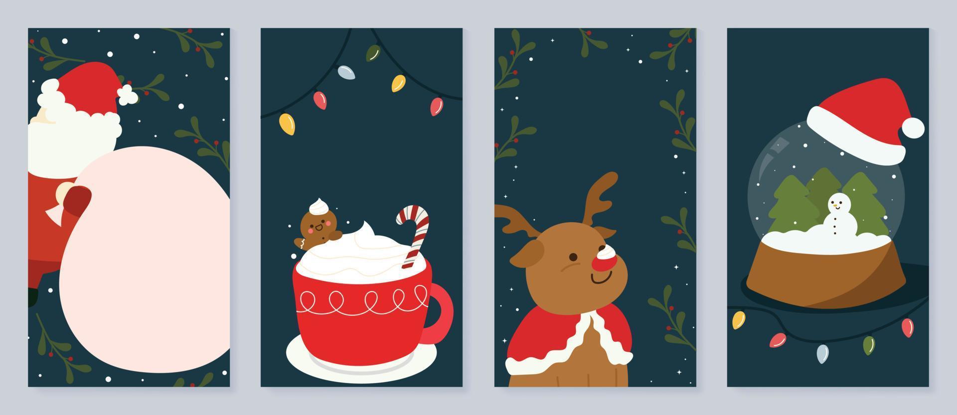 Set of christmas template poster. Christmas decorative element of santa, whipped cream cup, reindeer, snow crystal ball. Design illustration for banner, card, social media, advertising, website. vector