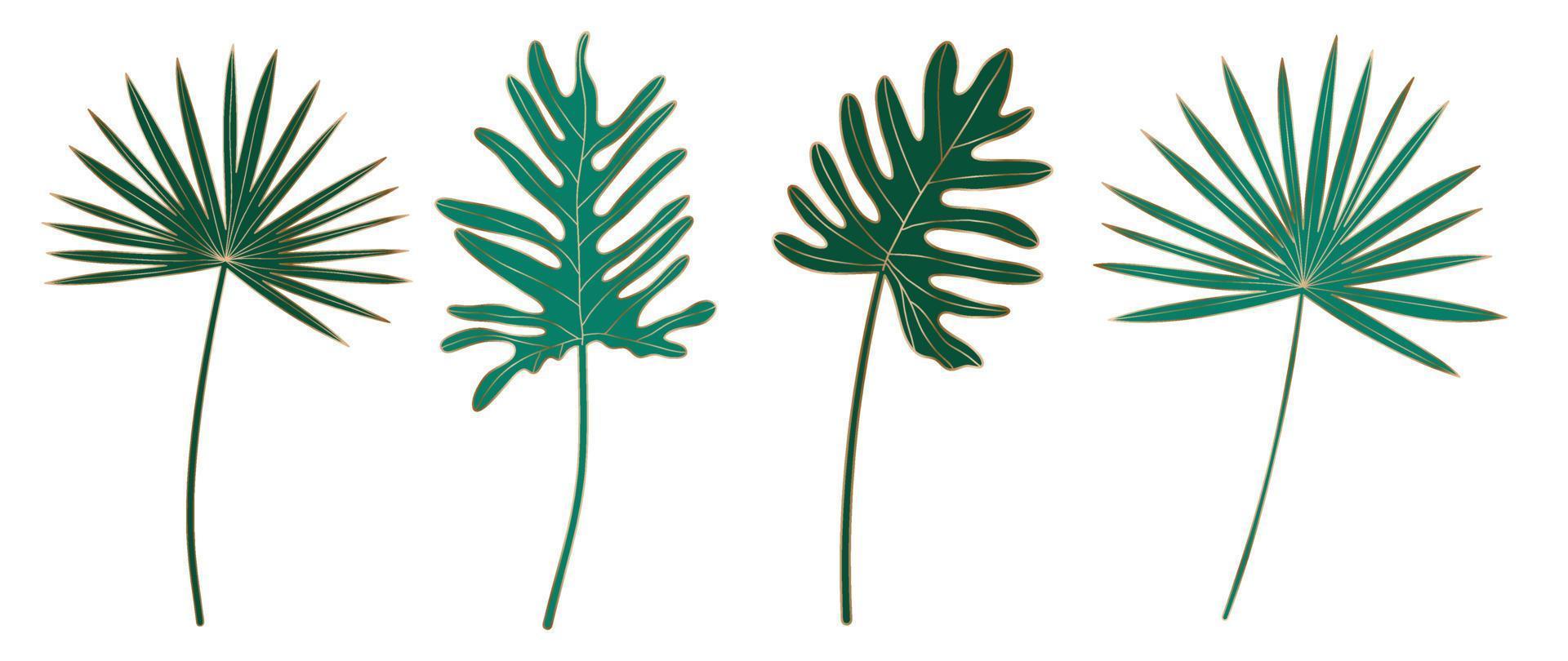 Set of luxury botanical leaves. Collection of tropical green foliage and gold lines. Design for elegant wedding invitation, cover, print, decoration, pattern, background template. Vector illustration.