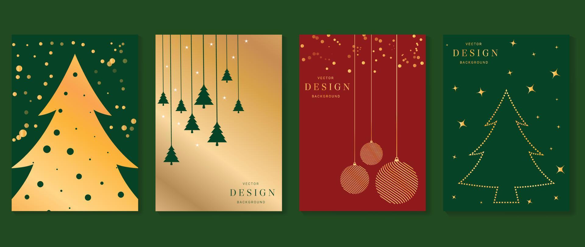 Set of luxury christmas invitation card art deco design vector. Gradient gold christmas tree and bauble ball gold line art, sparkle. Design illustration for cover, greeting card, print, post, website. vector