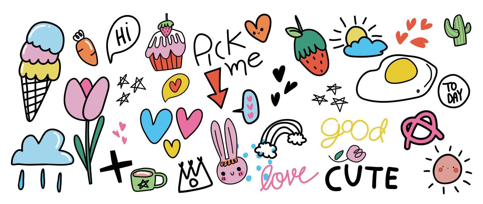 Cute doodle elements vector set. Hand drawn vibrant color collection of ice cream, tulip, strawberry, cupcake, rabbit, heart, scribble isolated on white background. Design for sticker, comic, print.
