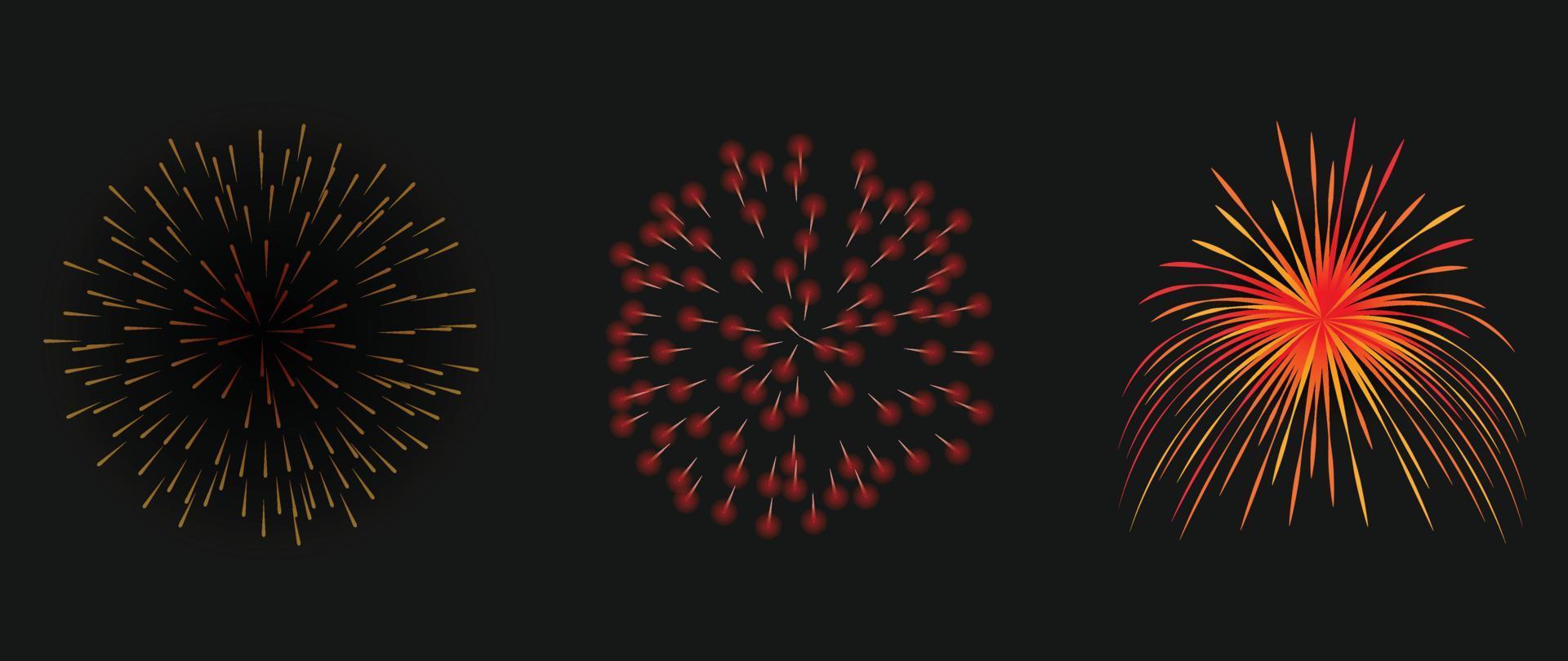 Set of new year firework vector illustration. Realistic collection of bright glow fireworks on black background. Art design suitable for decoration, print, poster, banner, wallpaper, card, cover.