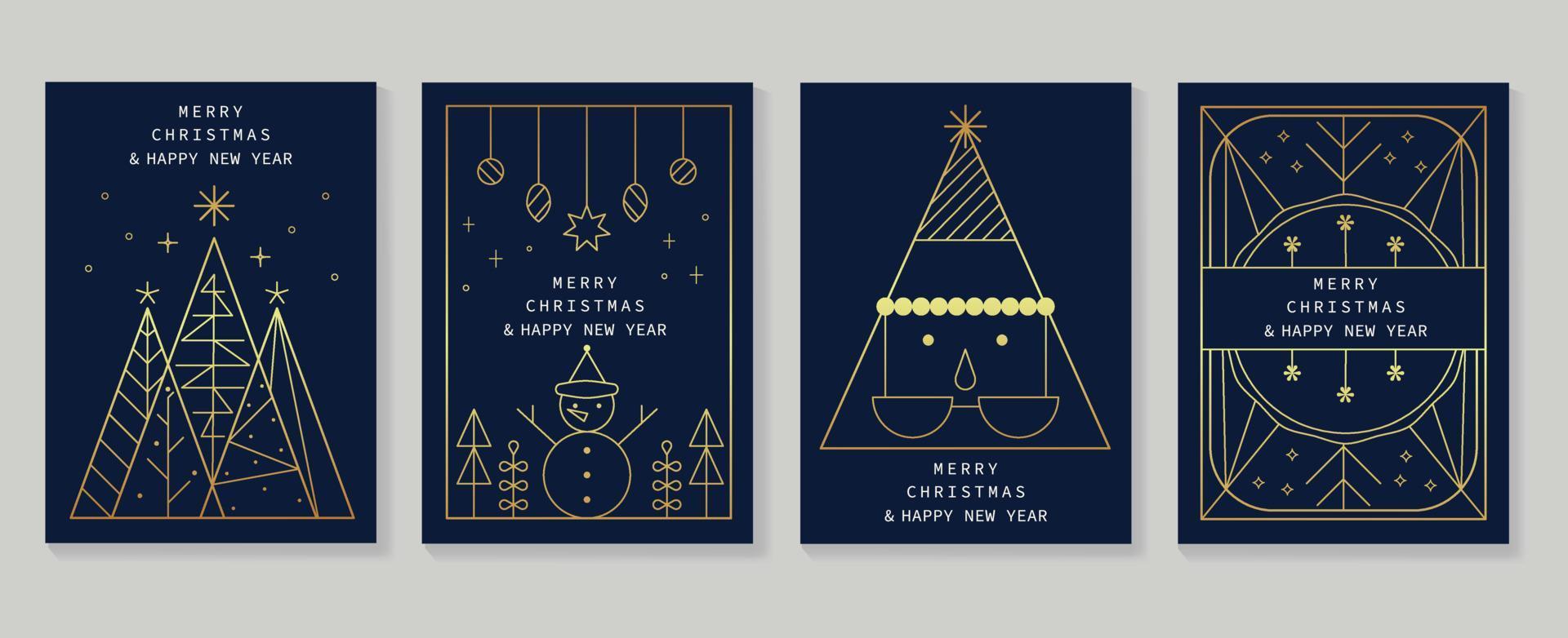 conjunto de vectores de diseño art deco de tarjetas de navidad y año nuevo de lujo. elegante arte de línea de oro degradado de árbol de navidad geométrico, adorno, muñeco de nieve. diseño para portada, tarjeta de felicitación, impresión, publicación, sitio web.