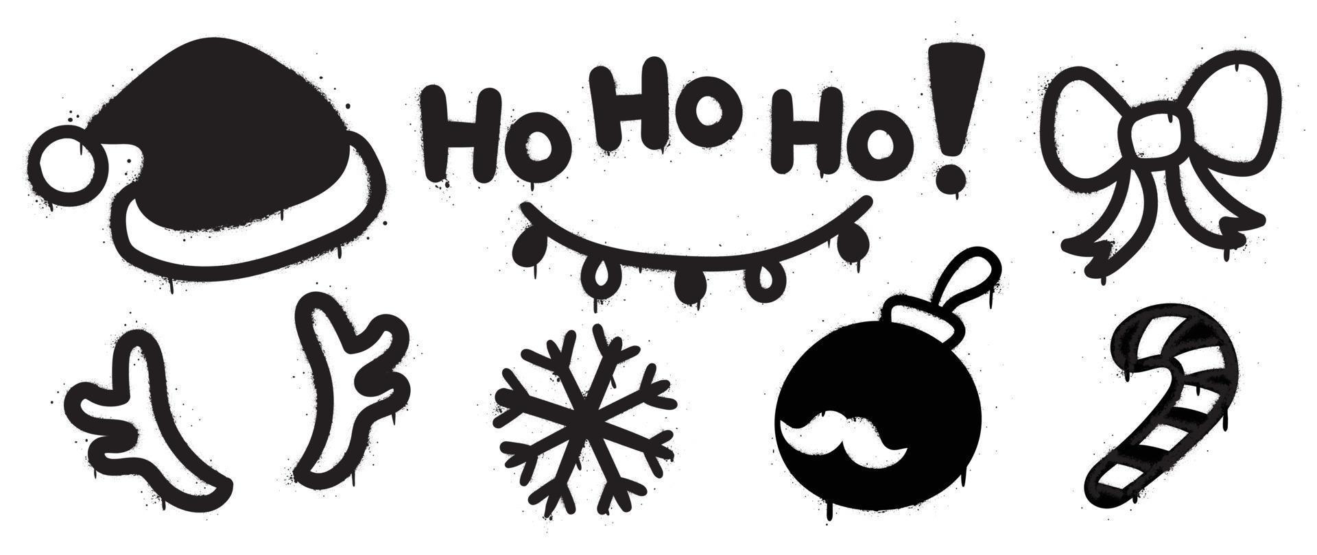 Set of christmas elements black spray paint vector. Graffiti, grunge elements of santa hat, antler, snowflake, bow, bauble on white background. Design illustration for decoration, card, sticker. vector