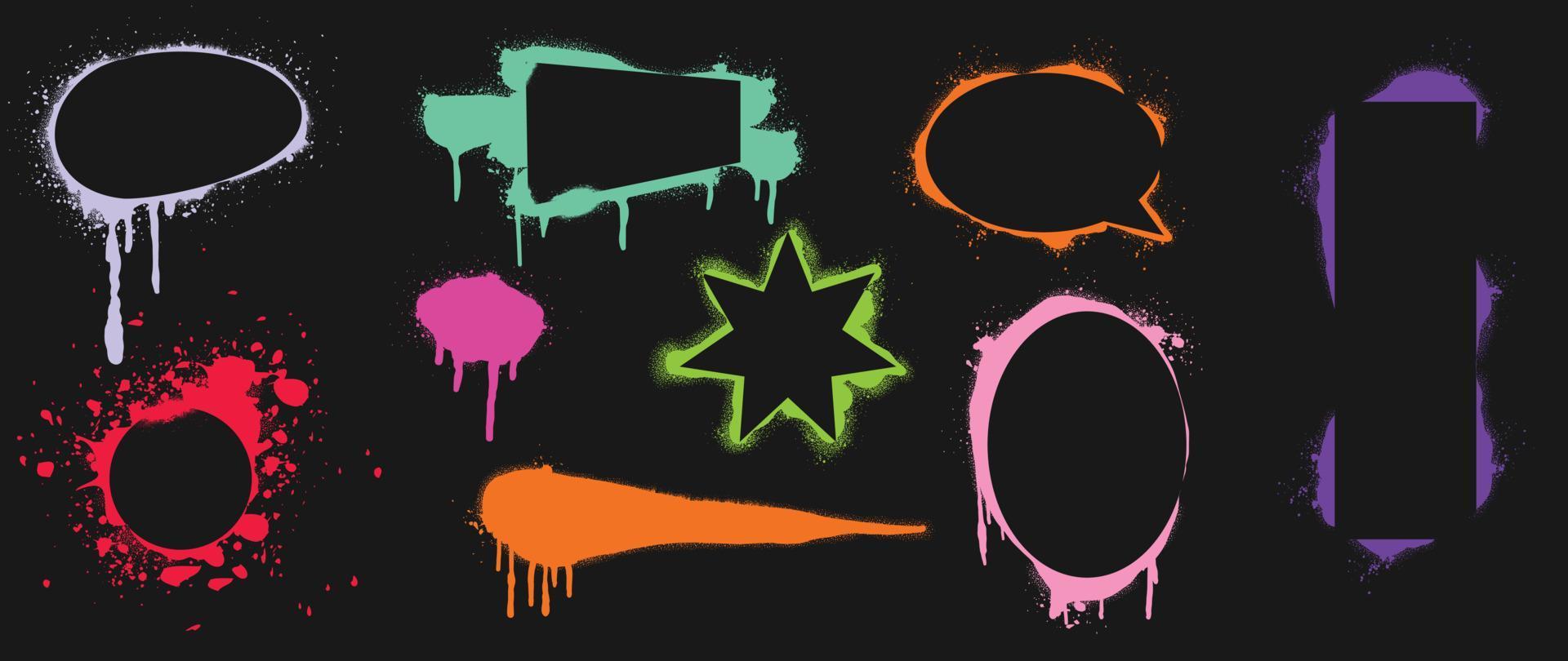 Spray painted texture vector set. Graffiti, dripping, color spray frame banner, stencil spray paint texture borders of geometric shape on black background. Design for sticker, decoration, street art.