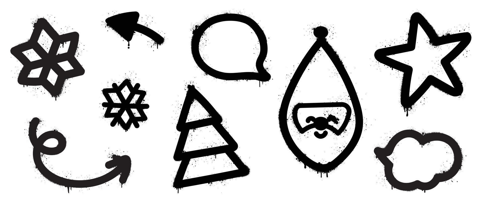 Set of christmas elements black spray paint vector. Graffiti, grunge elements of snowflake, arrow, christmas tree, santa, star on white background. Design illustration for decoration, card, sticker. vector