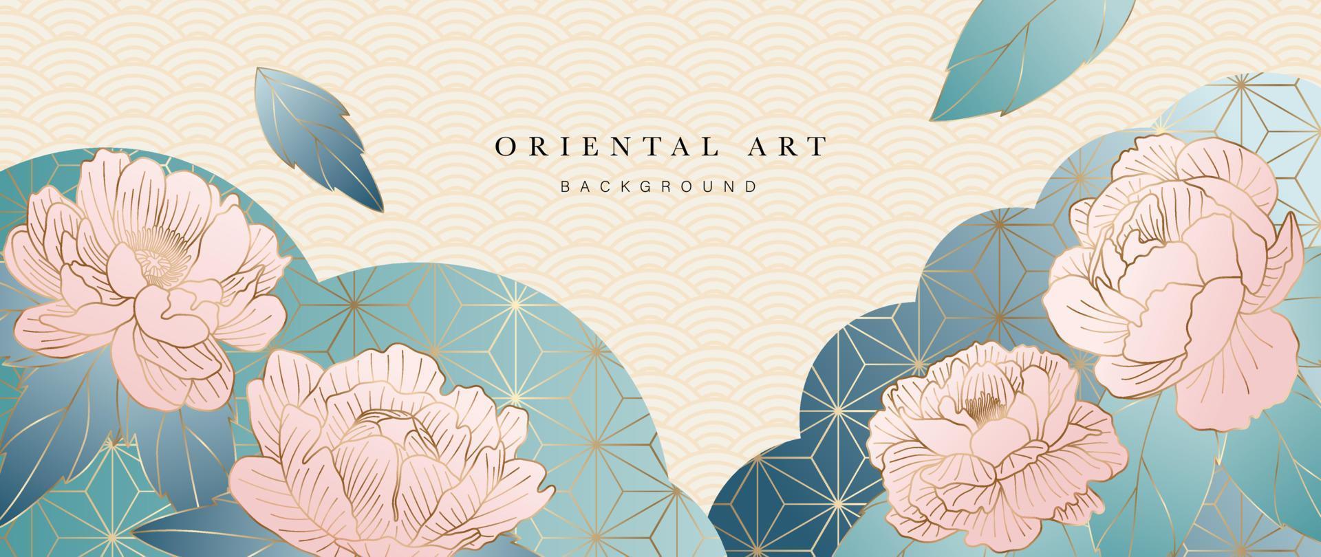 vector de fondo de estilo oriental dorado de lujo. arte de línea oriental chino y japonés con textura dorada degradada. diseño de papel tapiz con flores de peonía en flor y hojas para decoración, decoración de paredes.