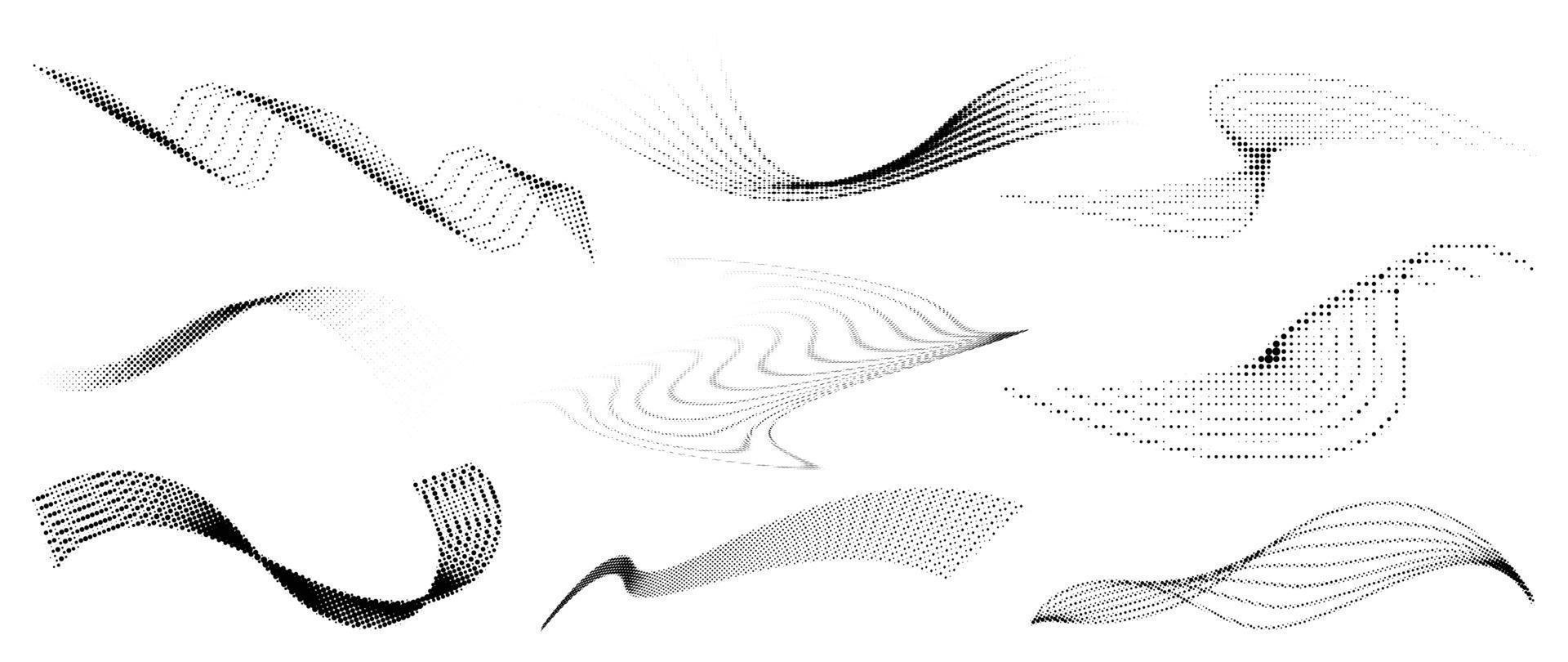 ilustración de vector de patrón de fondo de punto de semitono. forma de curva de onda dinámica textura punteada de degradado monocromático, superposición desgastada de desvanecimiento. diseño para póster, portada, pancarta, maqueta, pegatina, diseño.