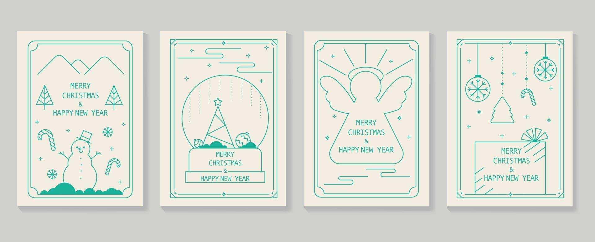 conjunto de vectores de diseño art deco de tarjetas de navidad y año nuevo de lujo. elemento de navidad línea verde de muñeco de nieve, regalo, ángel sobre fondo blanco cálido. diseño para portada, tarjeta de felicitación, impresión, publicación, sitio web.