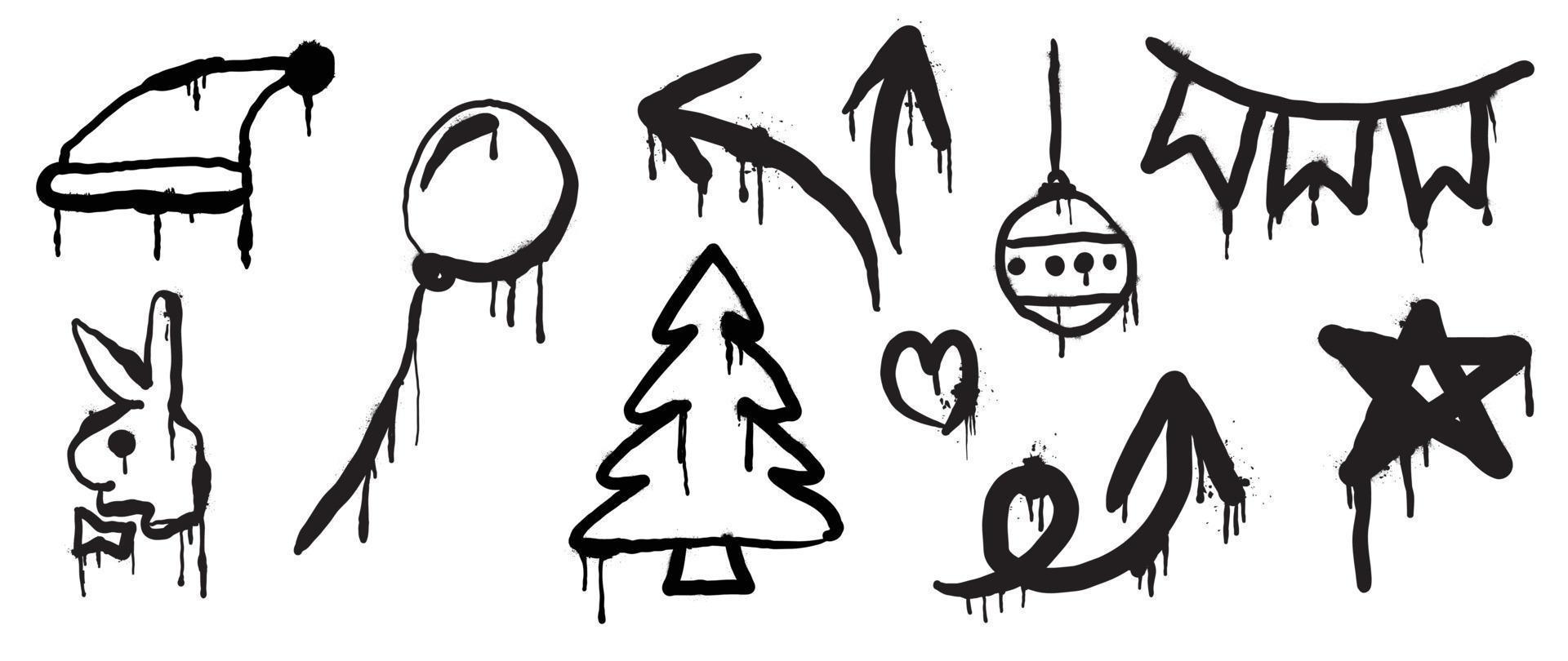Set of christmas elements black spray paint vector. Graffiti, grunge elements of santa hat, balloon, tree, rabbit, bauble, star on white background. Design illustration for decoration, card, sticker. vector
