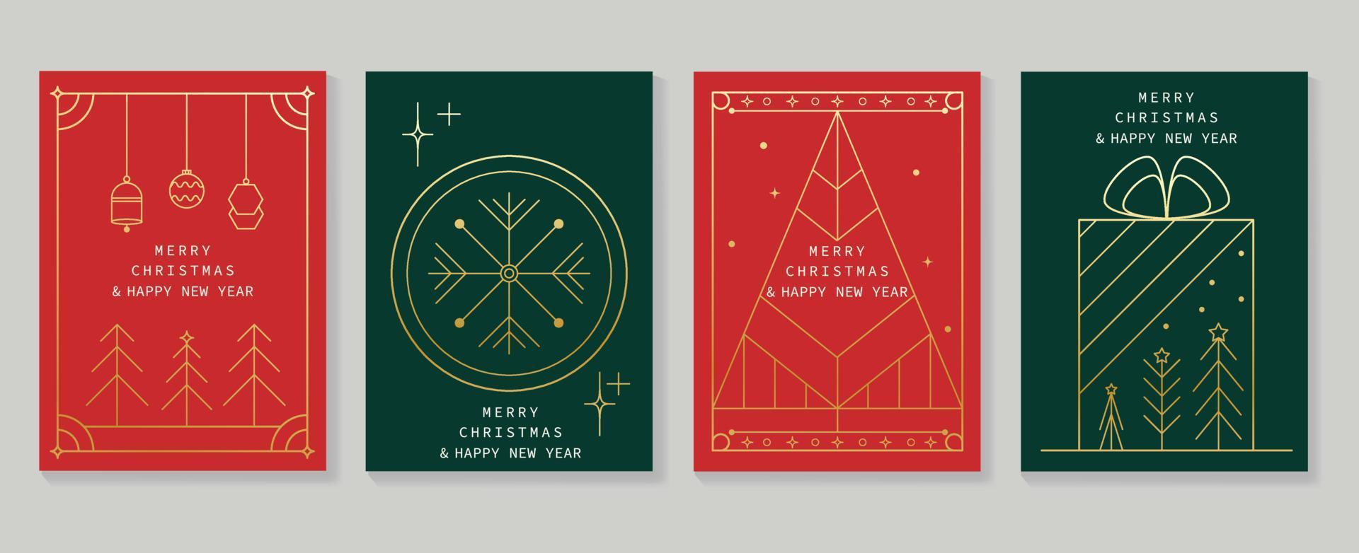 Set of luxury christmas and new year card art deco design vector. Elegant gradient gold line art of geometric christmas tree, bauble, snowflake. Design for cover, greeting card, print, post, website. vector
