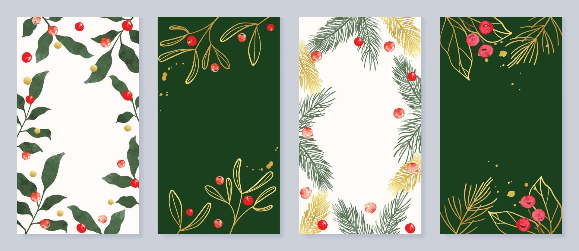 Set of christmas template poster. Decorative elements of watercolor botanical leaves, pine leaf, mistletoe, gold line art. Design illustration for banner, card, social media, advertising, website. vector