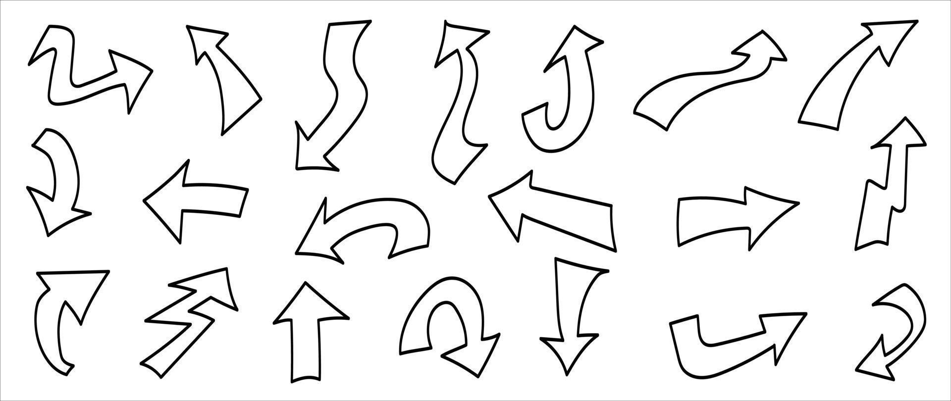 Set of doodle style hand drawn arrow vector on white background. Curve, wavy, arrows, frame, cursor Icon, pointers collection, back, signs, direction. Design illustration for sticker, comic.