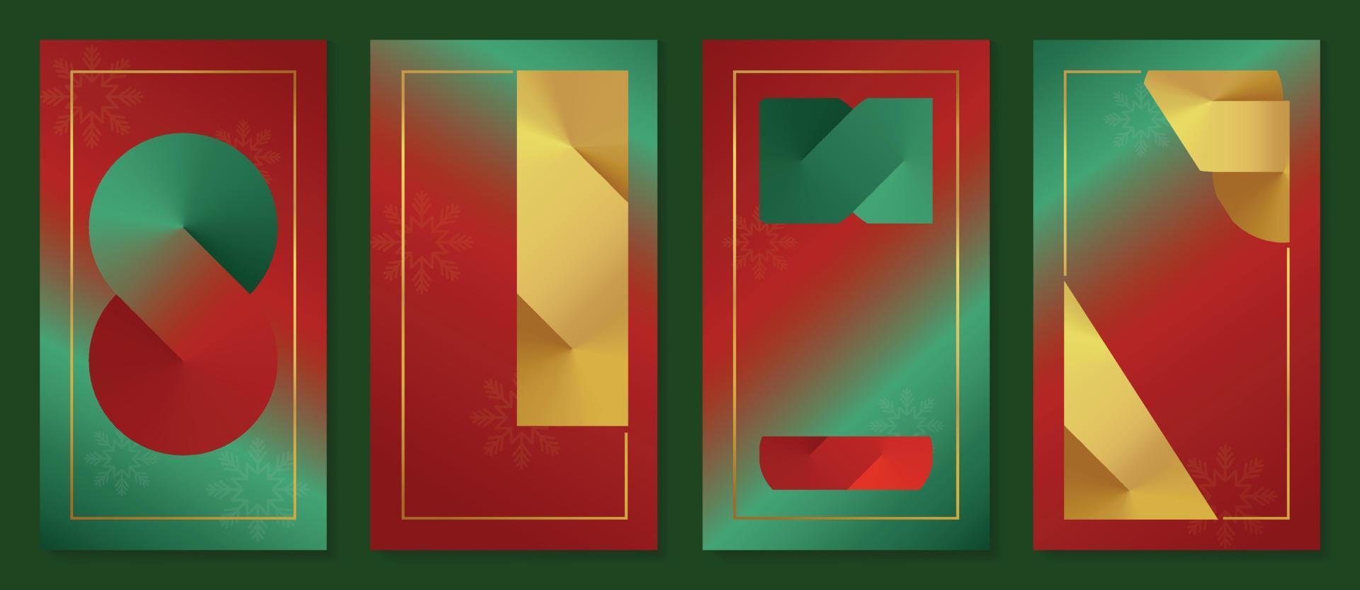 Set of luxury christmas template poster. Gradient gold, red and green geometric shape elements with golden line frame. Design illustration for banner, card, social media, advertising, website. vector