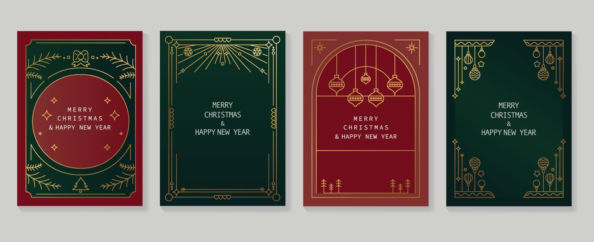 conjunto de vectores de diseño art deco de tarjetas de navidad y año nuevo de lujo. elemento navideño arte de línea dorada de hoja de pino, brillo, marco art deco, gatsby. diseño para portada, tarjeta de felicitación, impresión, publicación, sitio web.