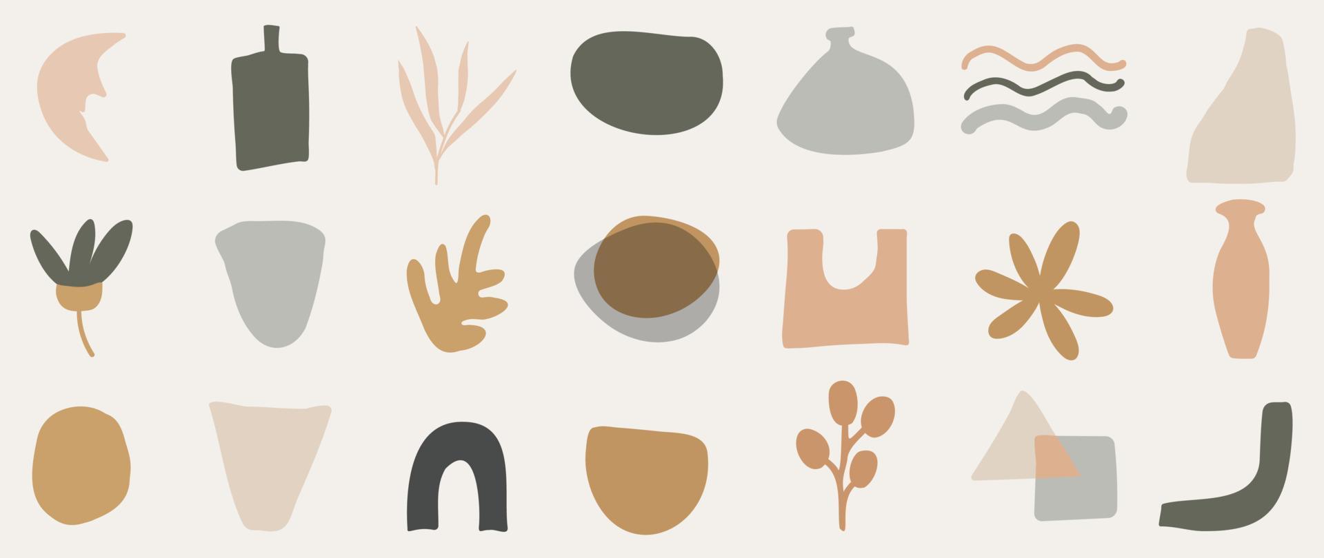 Doodle elements vector set. Hand drawn pastel color, minimal and doodle style collection of organic shapes, leaf branch, flower, crescent moon, vase. Design illustration for sticker, comic, print.