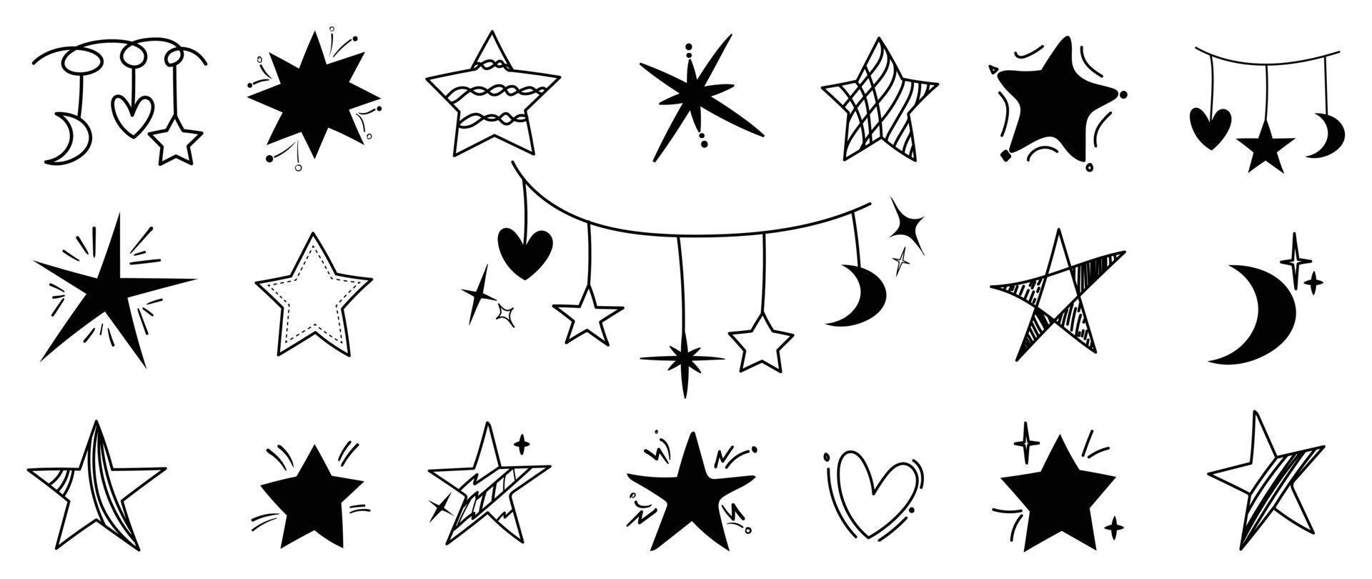 Hand drawn black star vector set on white background. Different shape and  doodle style of black star, sparkle, crescent moon. Design illustration for  sticker, tattoo, comic, decoration, card, poster. 15450264 Vector Art