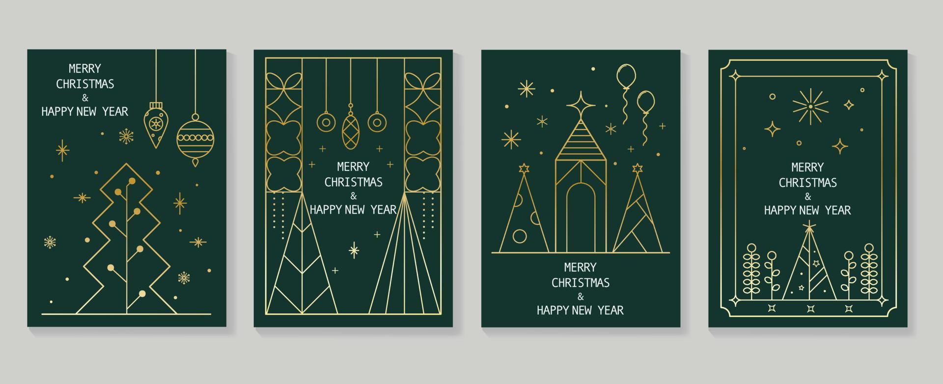 conjunto de vectores de diseño art deco de tarjetas de navidad y año nuevo de lujo. elegante arte de línea de oro degradado de árbol de navidad geométrico, adorno, globo. diseño para portada, tarjeta de felicitación, impresión, publicación, sitio web.