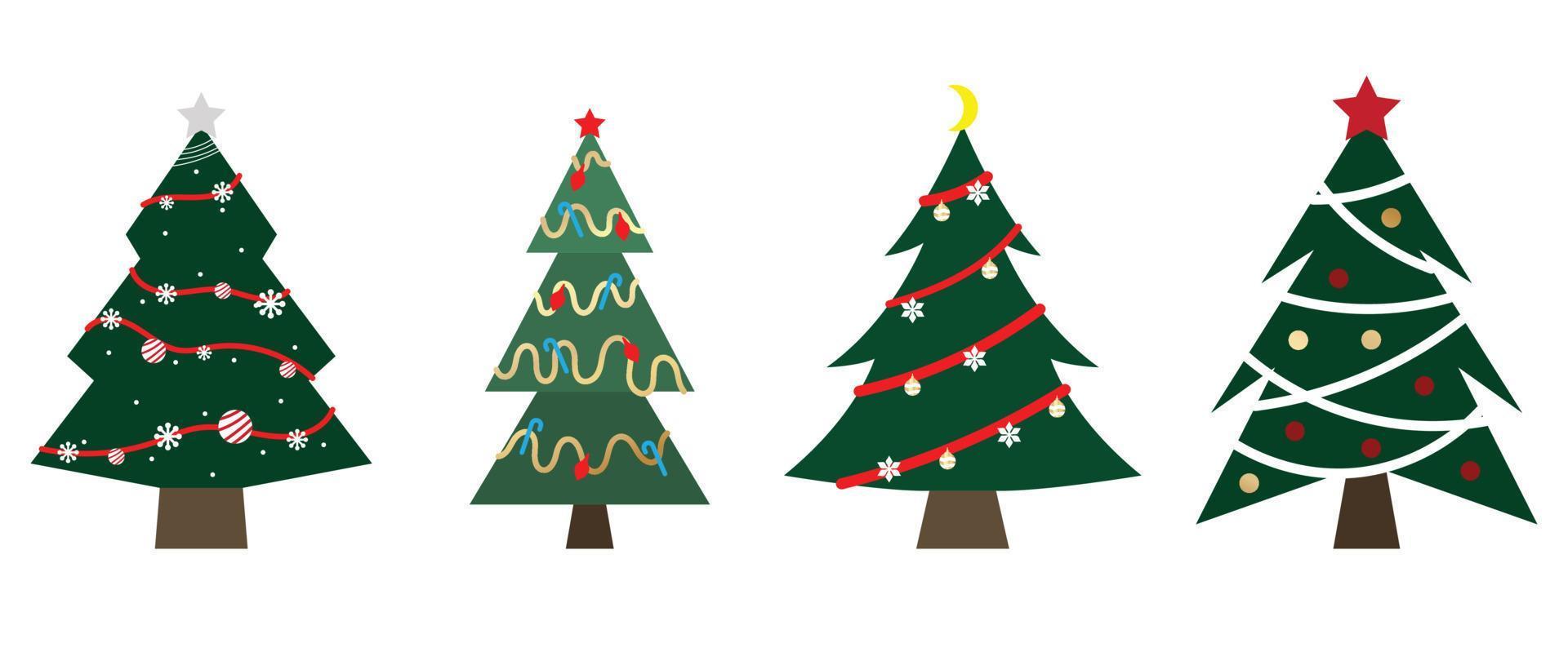 Set of decorated christmas trees vector. Collection of ornamental christmas trees with garland, tinsel, baubles, star on white background. Design illustration for decoration, card, sticker, poster. vector