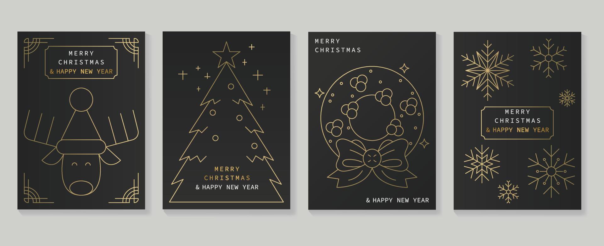 Set of luxury christmas and new year card art deco design vector. Christmas element gold line of reindeer, tree, snowflake on dark background. Design for cover, greeting card, print, post, website. vector