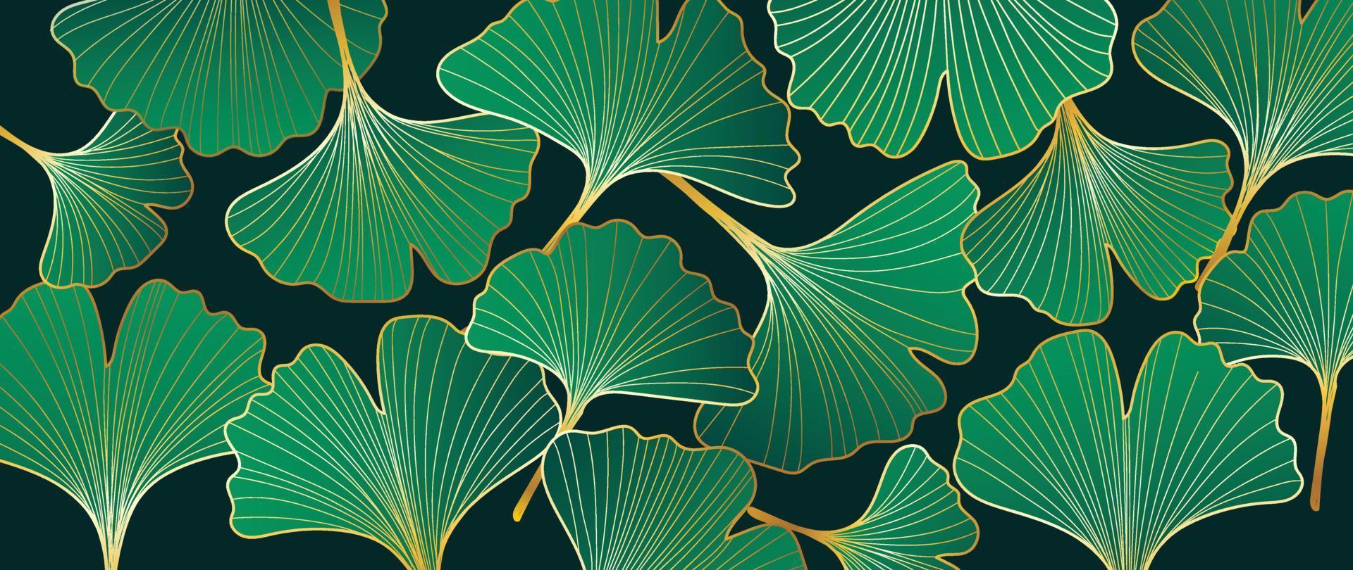 vector de fondo de arte de línea de hojas tropicales de lujo. elegante ginkgo dibujado a mano deja fondo de arte de línea dorada. ilustración de diseño para decoración, decoración de paredes, papel pintado, portada, pancarta, afiche, tarjeta.