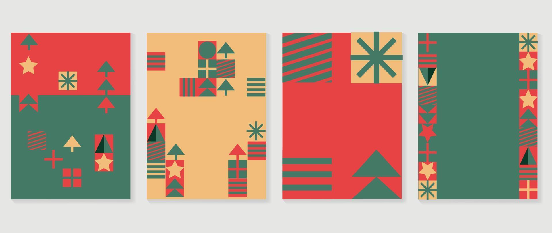 Merry christmas and happy new year holiday cover template vector set. Decorative cards with geometric shapes, pine trees, gift. Design illustration for card, corporate, greeting, wallpaper, poster.