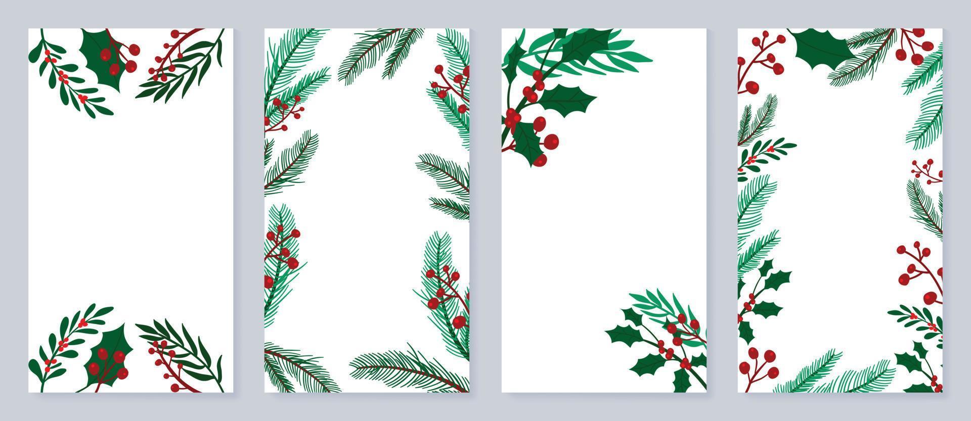 conjunto de póster de plantilla de navidad. hojas botánicas decorativas de invierno marco de pino, acebo, bayas, follaje de muérdago. ilustración de diseño para banner, tarjeta, redes sociales, publicidad, sitio web. vector