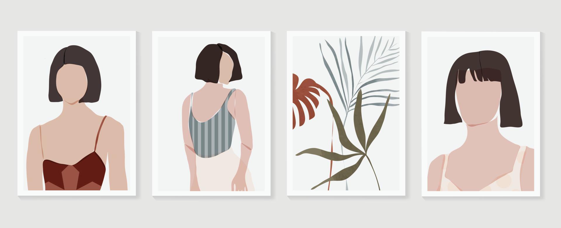 Women portrait abstract wall art vector. Surreal faces of female in stylish bob hairstyle and summer clothes, tropical leaves. Design illustration for fashion wall art, decor, poster, print, cover. vector