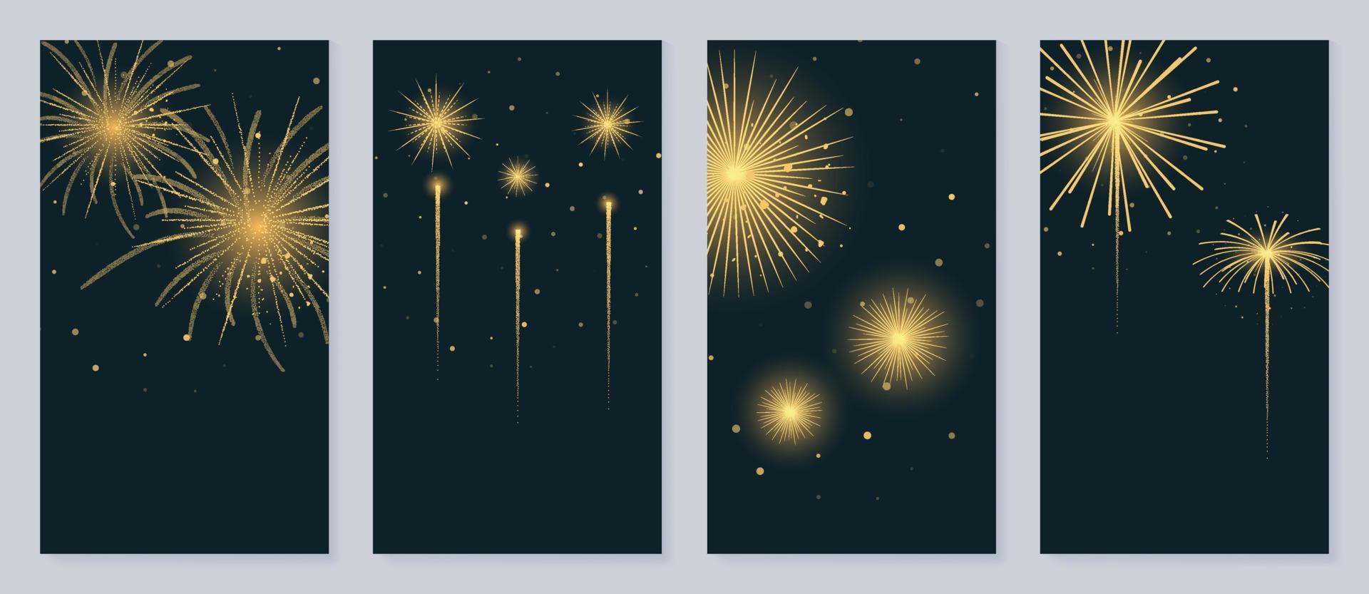 conjunto de elegantes carteles de plantilla de navidad y año nuevo. fuegos artificiales festivos dorados vibrantes degradados decorativos sobre fondo oscuro. ilustración de diseño para banner, tarjeta, redes sociales, publicidad, sitio web. vector