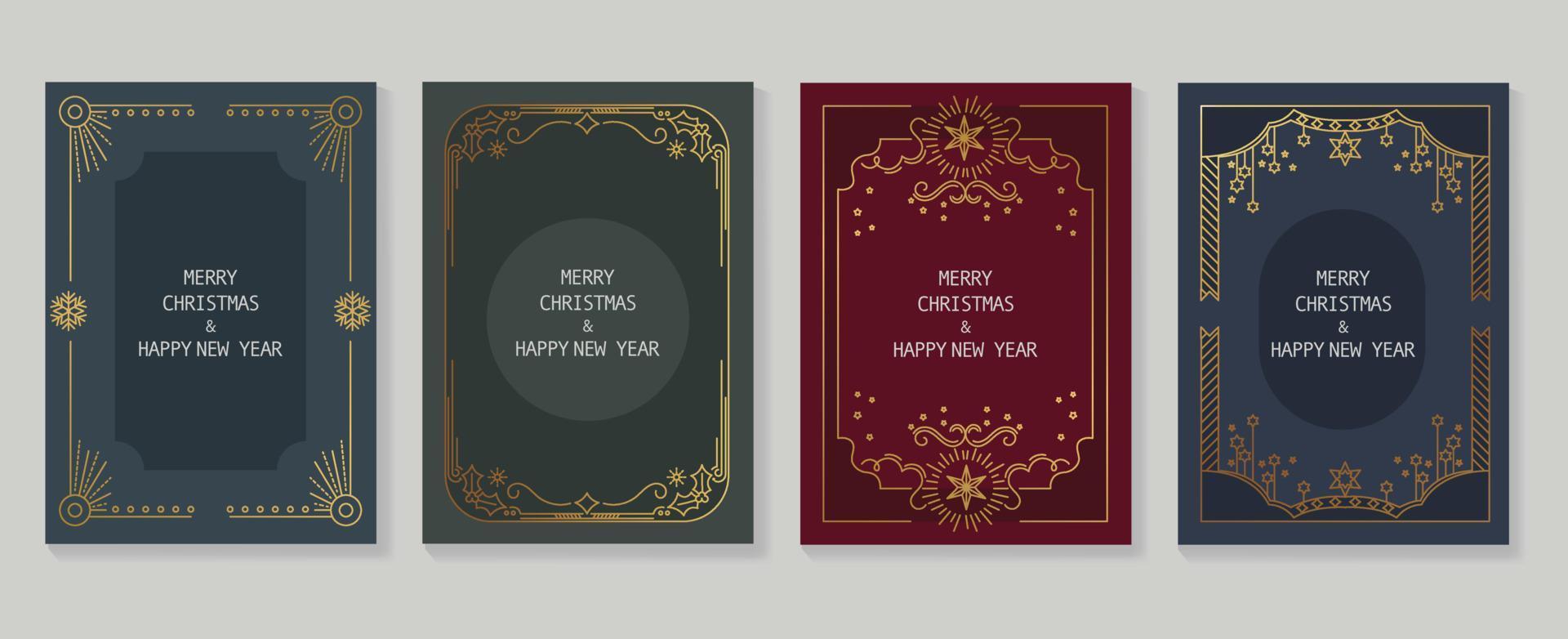 Set of luxury christmas and new year card art deco design vector. Elegant element gradient gold line art of snowflake, holly, gatsby style frame. Design for cover, greeting card, print, post, website. vector