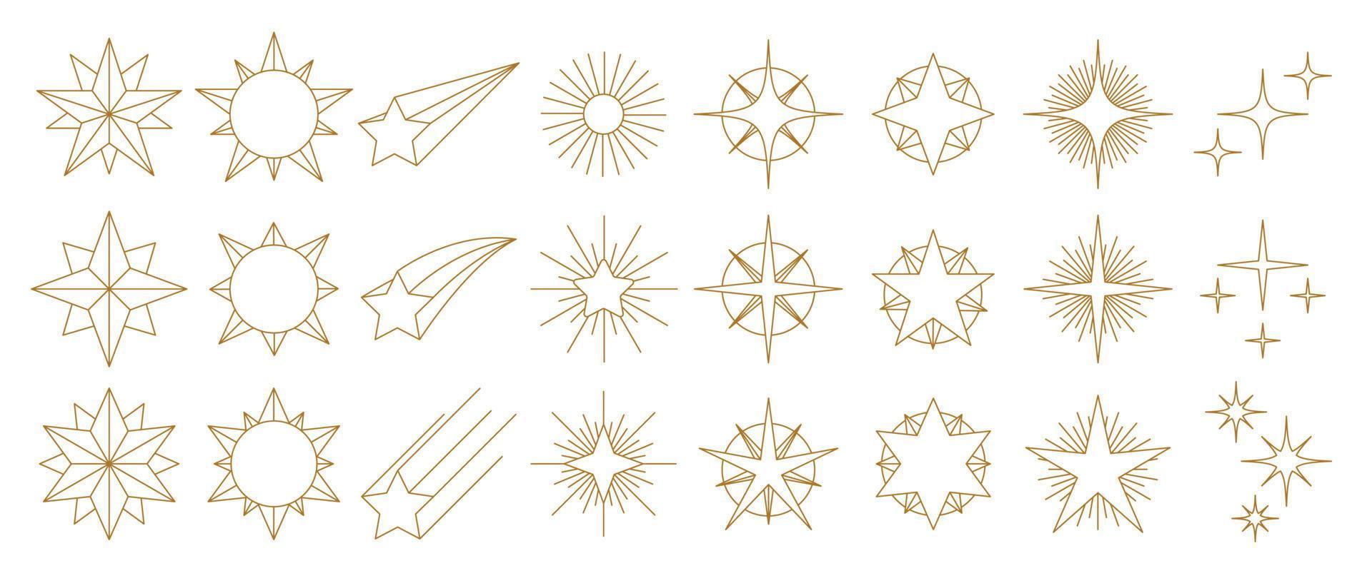 Set of gold star vector illustration. Luxury geometric gold line star and sparkle in different styles isolated on white background. Art design for sticker, decoration, festive party invitation.