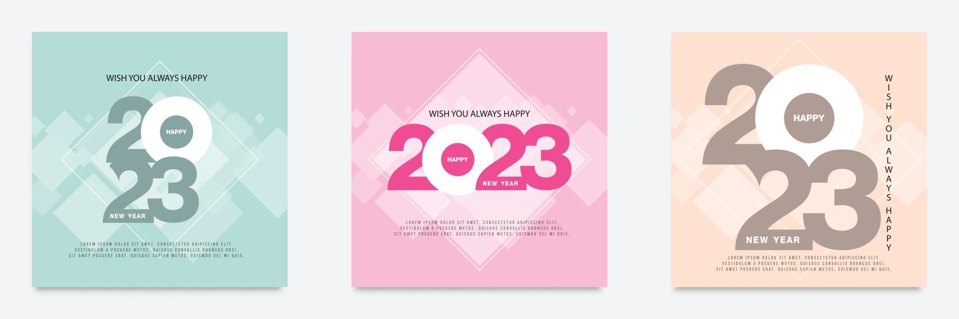 Happy new year 2023 on a square grid background. Set of 2023 new year square template for calendar, cover, card and media post. 2023 typography logo vector