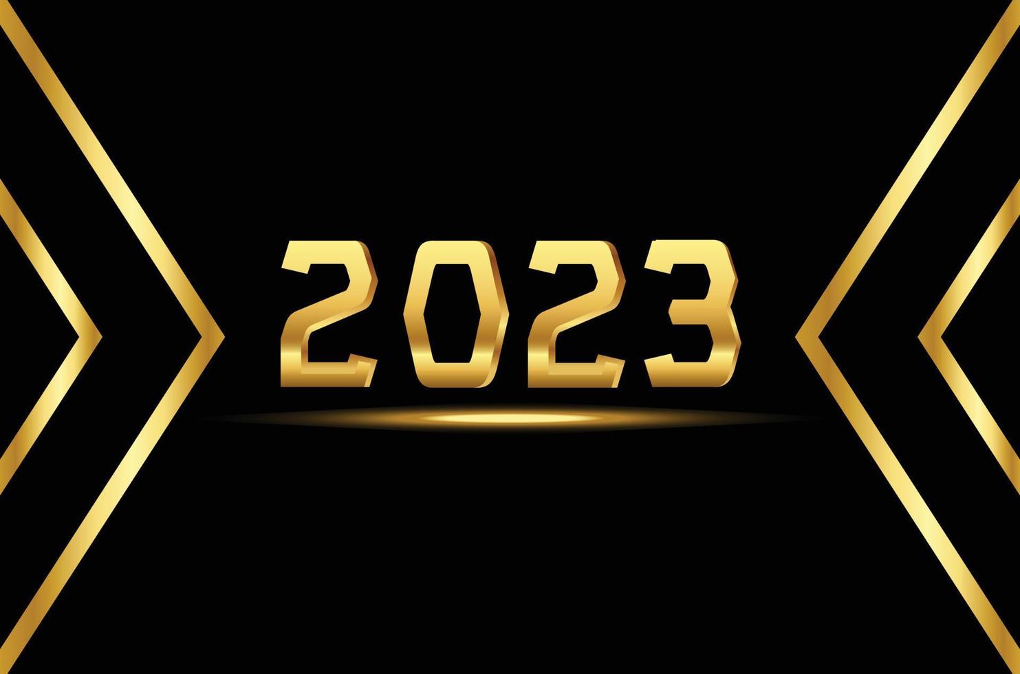 hermoso dorado feliz año nuevo 2023 en fondo negro con sombra dorada vector