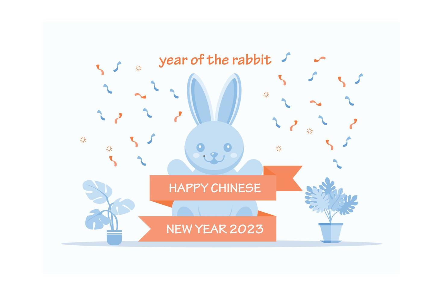 año nuevo chino 2023, el año del conejo, personajes de arte de línea roja y dorada, elementos asiáticos simples dibujados a mano con artesanía, ilustración moderna de vector plano