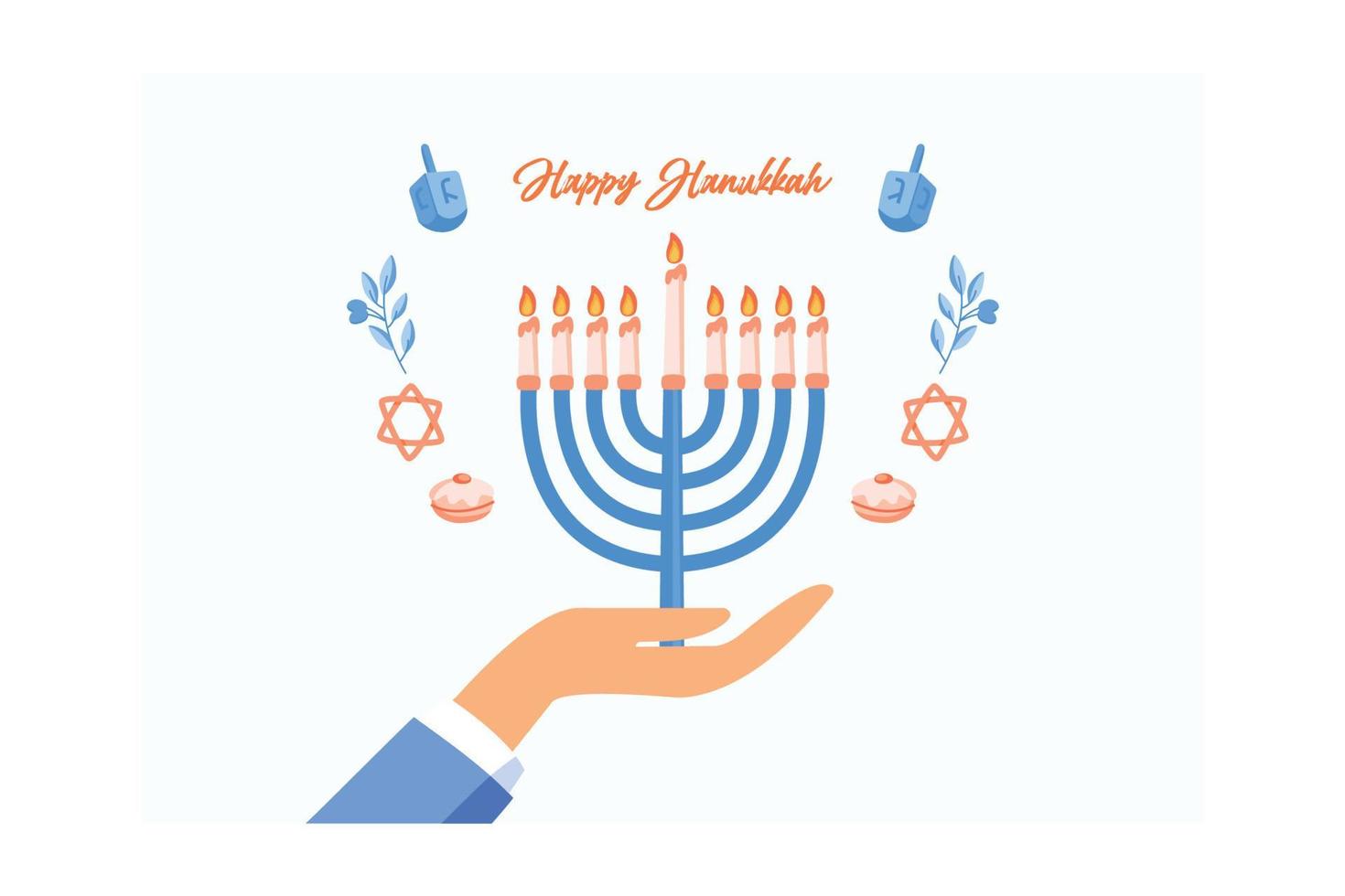 menorá de hanukkah. feliz fiesta judía de hanukkah, concepto. hombre judío sosteniendo en la mano menorah con velas, aislado sobre fondo blanco. celebración religiosa, ilustración moderna de vector plano