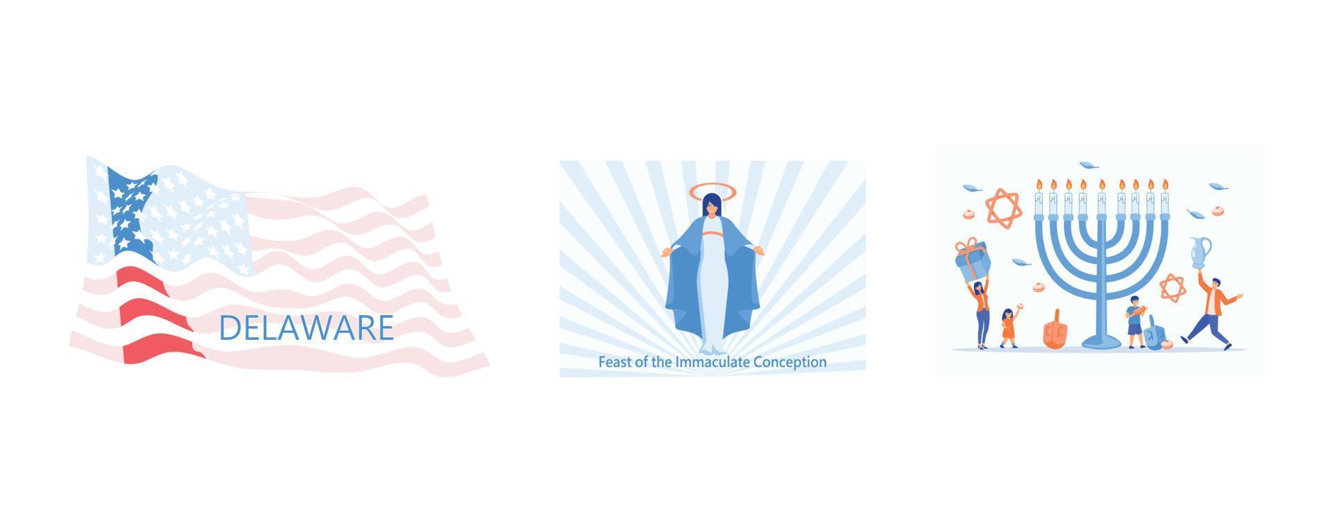 Shape of Delaware state map with American flag, Feast of the Immaculate Conception vector, Happy Hanukkah, set flat vector modern illustration