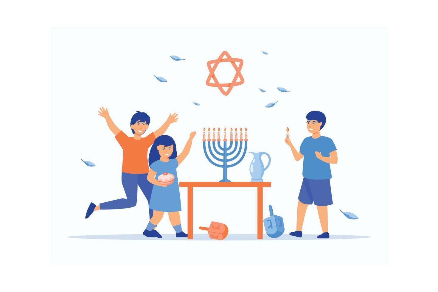 Kids celebrating Hanukkah by lighting candles in the menorah, eating doughnuts and playing with dreidels, flat vector modern illustration