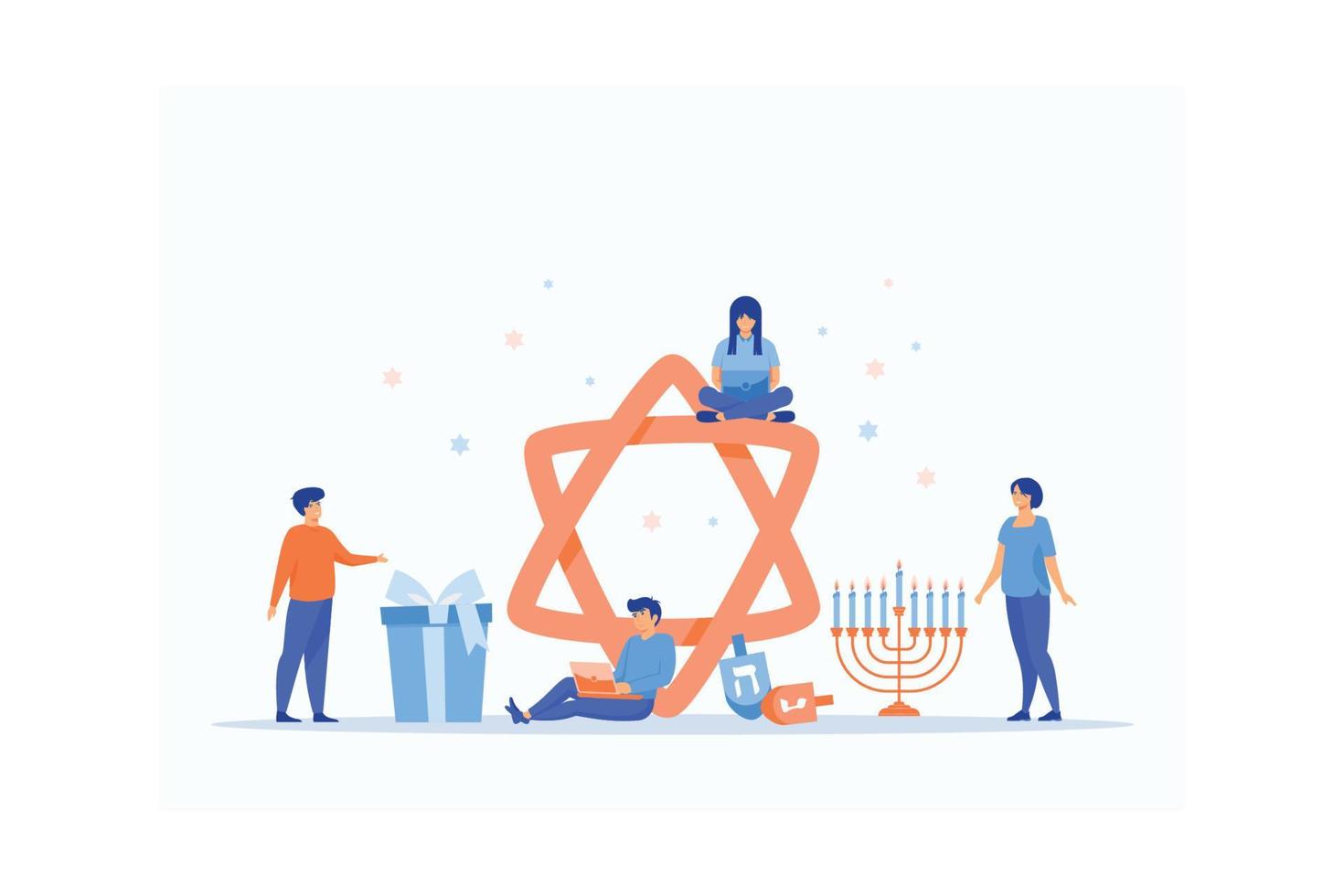 Happy Hanukkah. Traditional jewish holiday with tiny people and symbols - star David, flat vector modern illustration