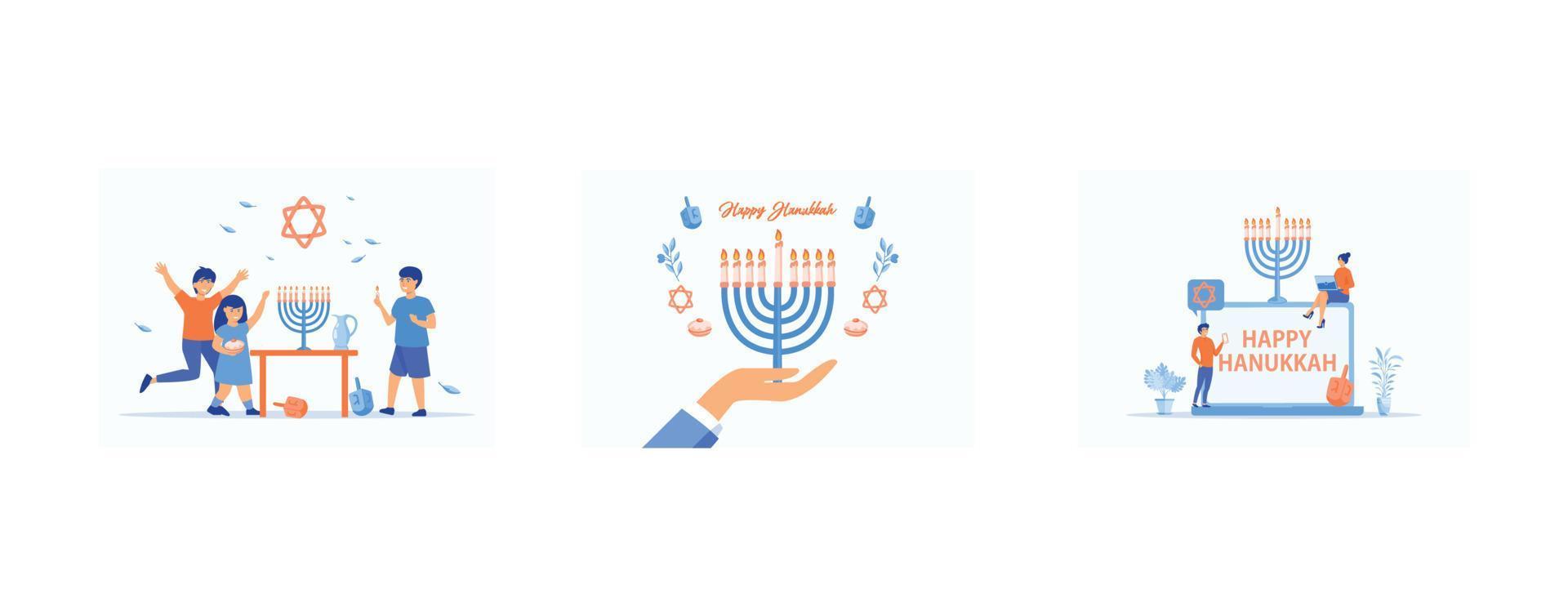 Kids celebrating Hanukkah by lighting candles in the menorah, Hanukkah menorah, Traditional jewish holiday with tiny people and symbols, set flat vector modern illustration