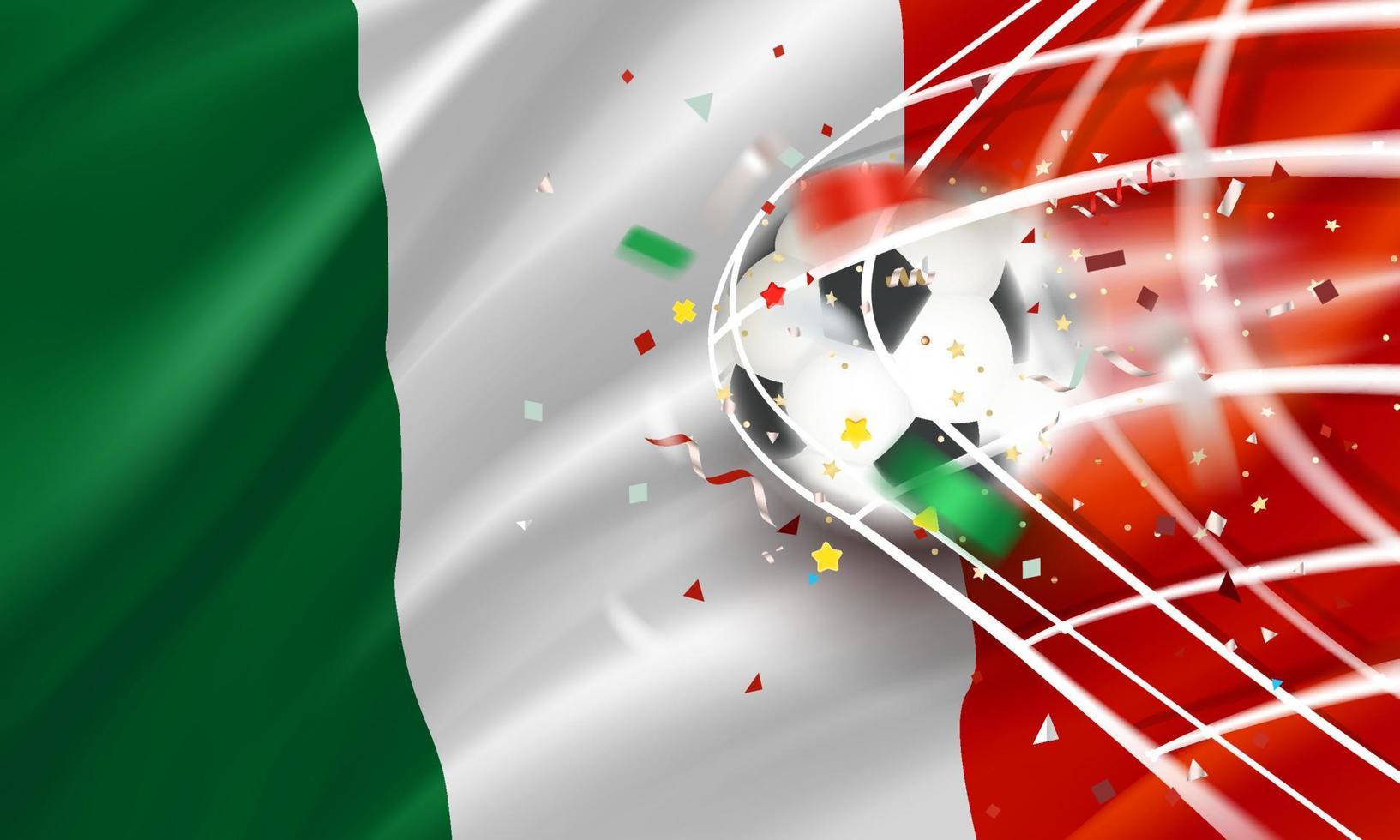 la pelota en la red de fútbol. concepto de vector de meta con bandera de México. Banner de vector 3d con efecto de desenfoque