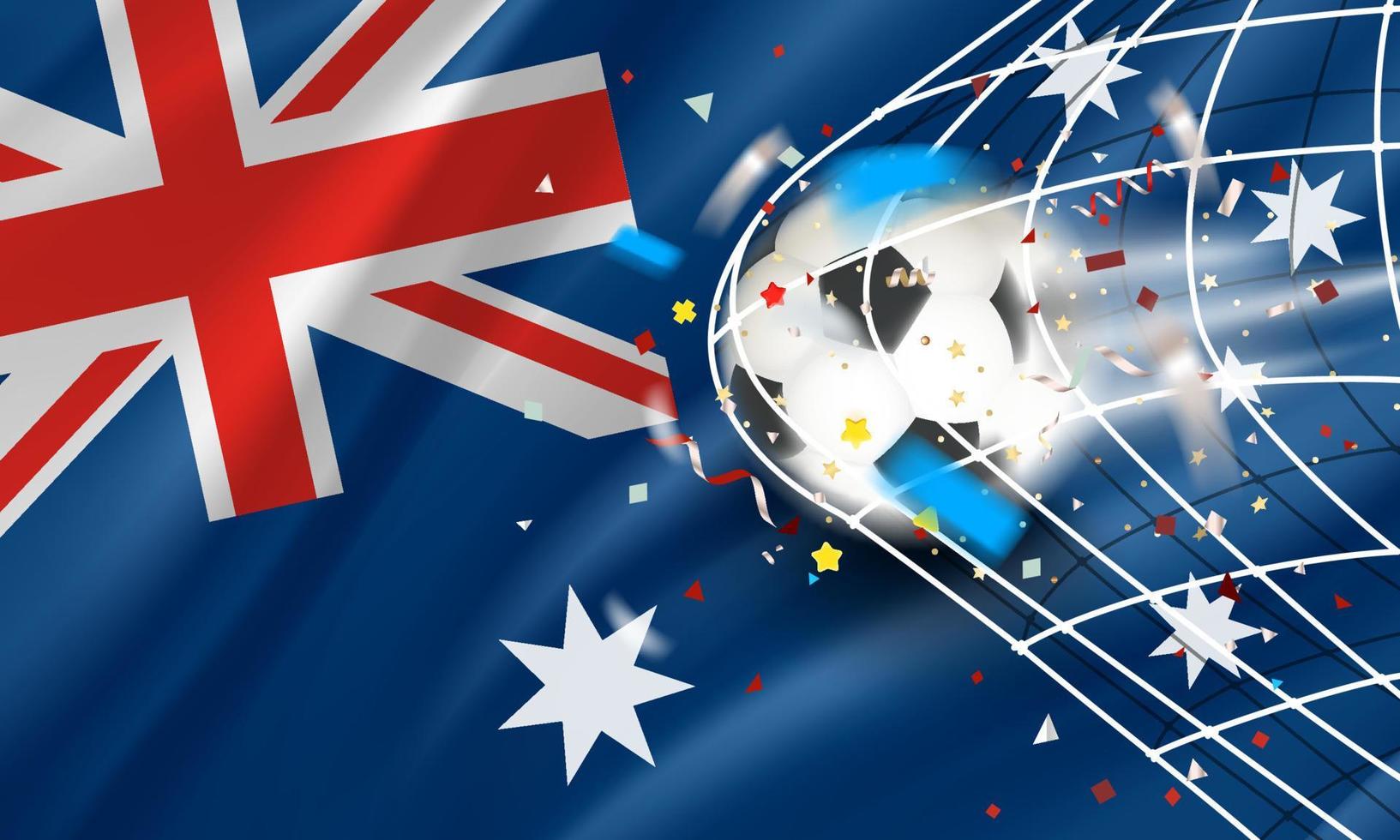 The ball in the soccer net. Goal vector concept with flag of Australia. 3d vector banner with blur effect