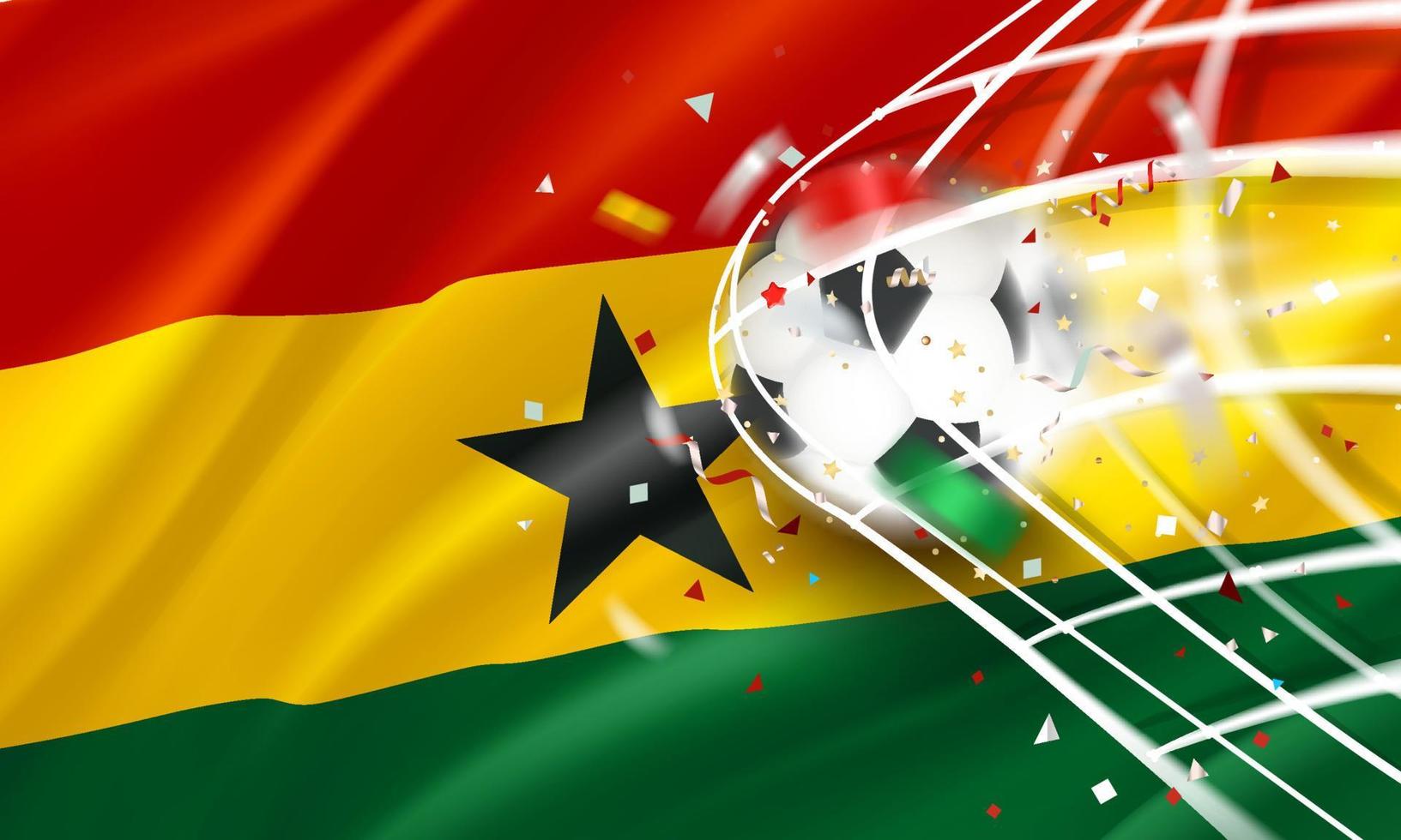 The ball in the soccer net. Goal vector concept with flag of Ghana. 3d