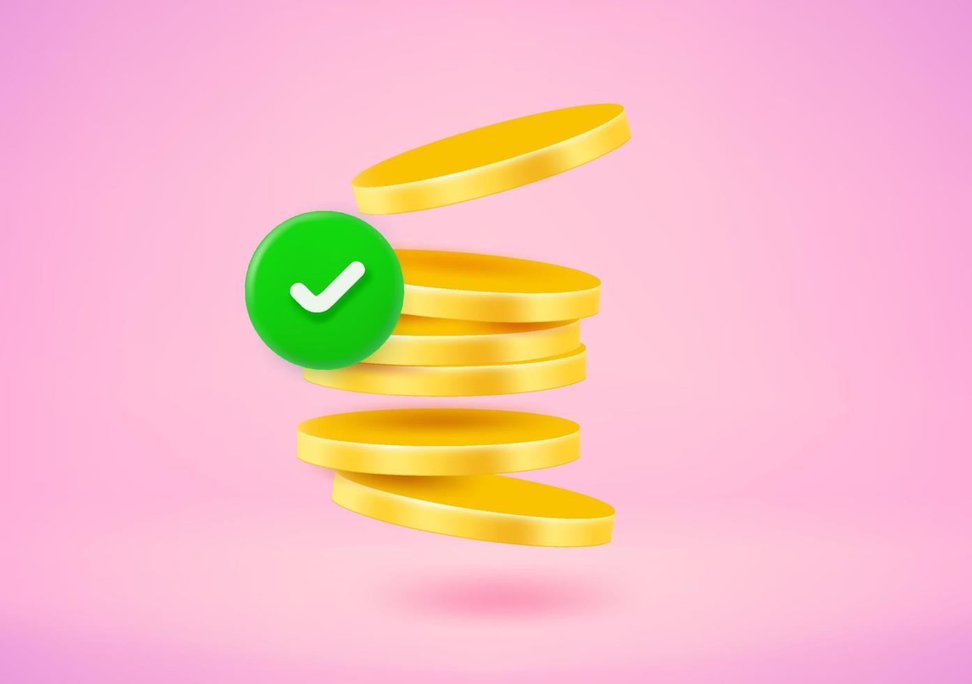 Checkmark and gold coins. 3d vector illustration